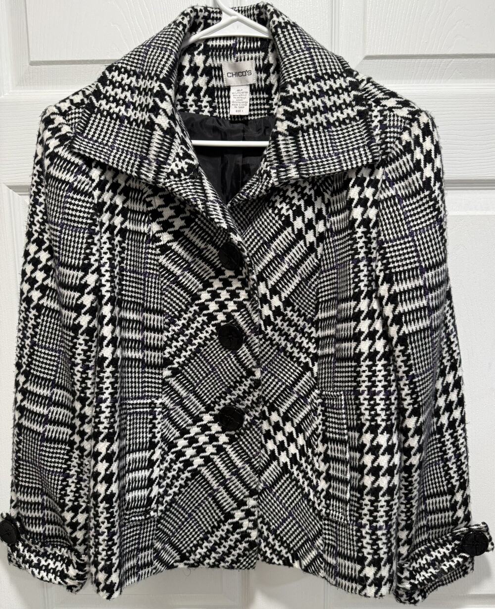 Chico's Black, White & Purple Houndstooth Pattern Button Front Coat - 1